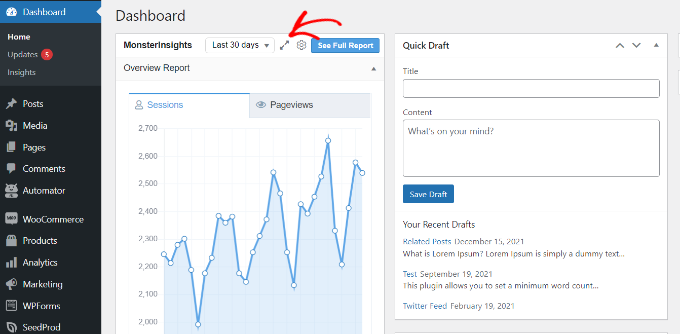 Capture d’écran de WordPress montrant les mises à jour des plugins et thèmes