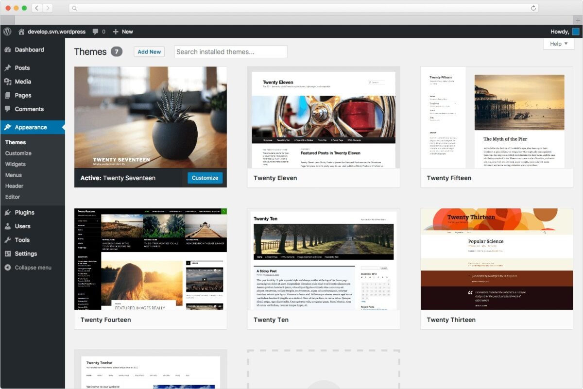 Galerie de thèmes WordPress montrant différentes options de design pour sites web